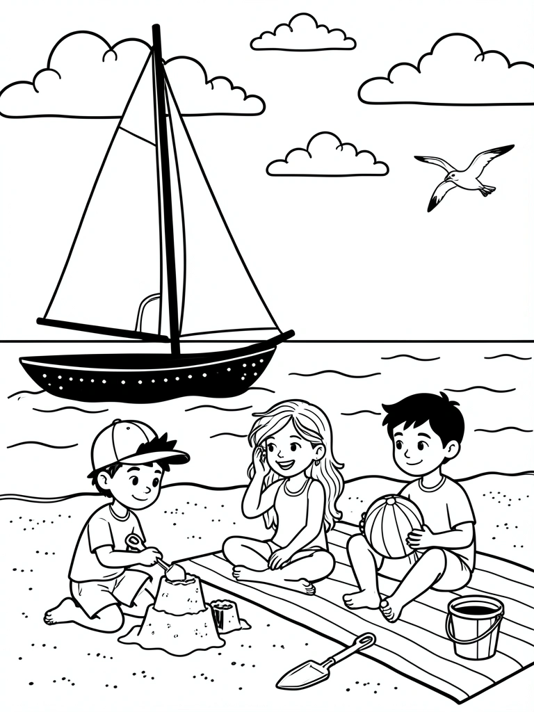 Logotipo de site de colorir com desenhos de praia, incluindo sol, coqueiro e ondas.
