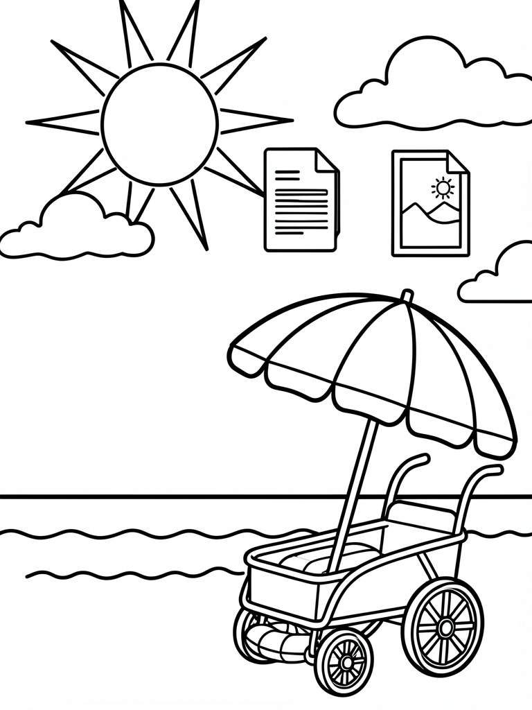 Ícones de arquivos PDF e PNG sobrepostos a um desenho de praia