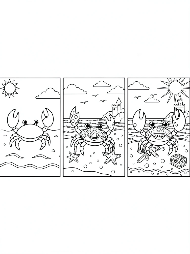 Três desenhos de praia lado a lado, com níveis de detalhe crescentes, prontos para colorir.