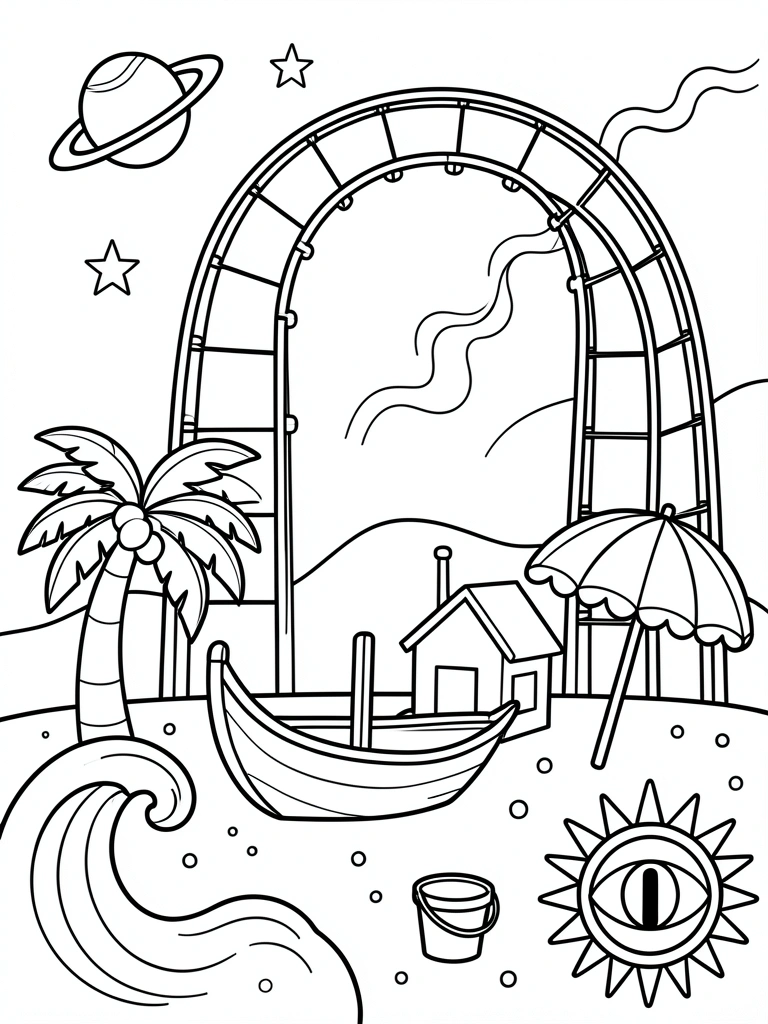 Desenho infantil de praia com coqueiro, guarda-sol e balde
