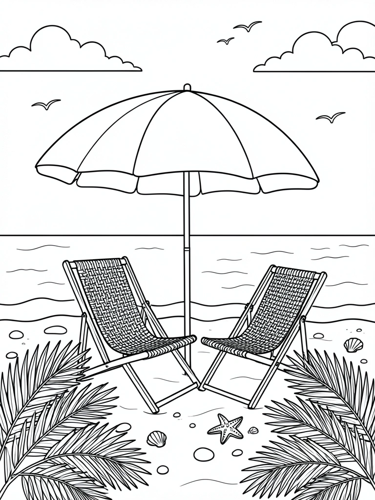 Desenho de praia com conchas e estrela do mar para colorir