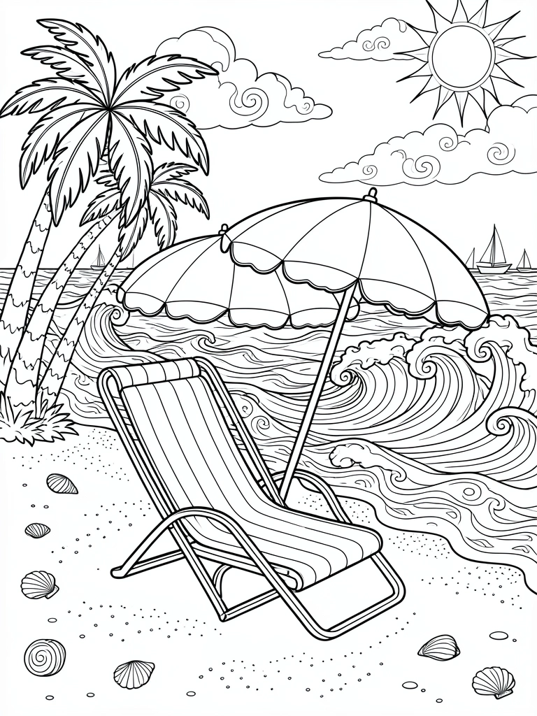 Desenho detalhado de praia com ondas e elementos naturais
