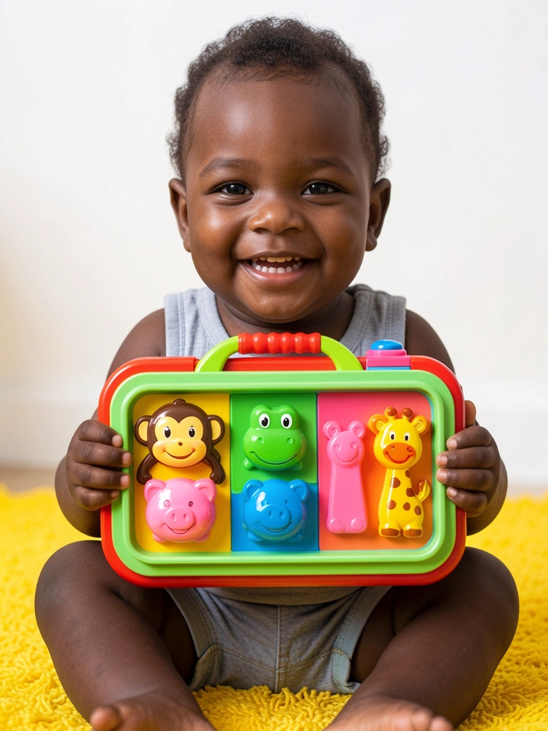 Bebê negro sorridente sentado em tapete amarelo segurando brinquedo musical com botões coloridos de animais, luz natural suave.