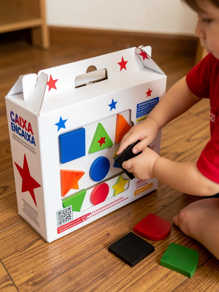 Caixa branca com estrelas vermelhas e azuis, formas geométricas coloridas e criança de camisa vermelha brincando no chão de madeira.