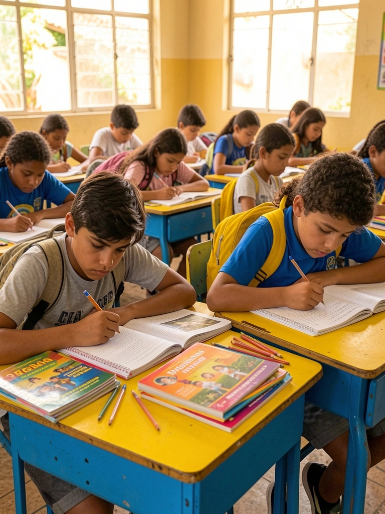 Jovem de cabelo escuro lê livro didático em sala com mesas amarelas e azuis, luz natural do dia, outros alunos concentrados.