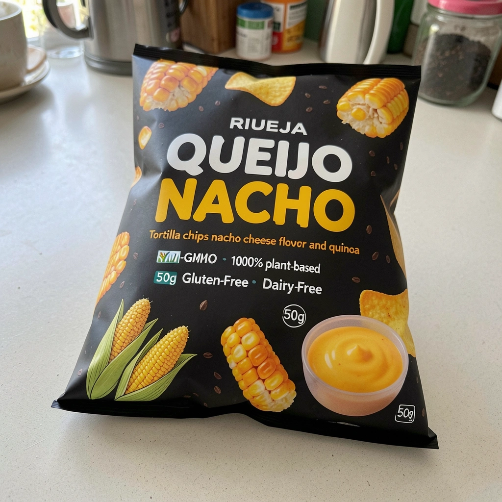 Tigela de queijo derretido com chips de tortilla ao redor sobre mesa de madeira.