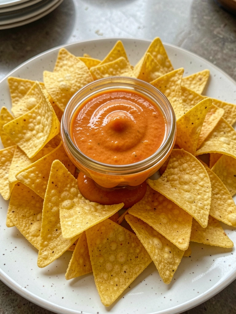 Tigela de queijo derretido com chips de tortilla ao redor sobre mesa de madeira
