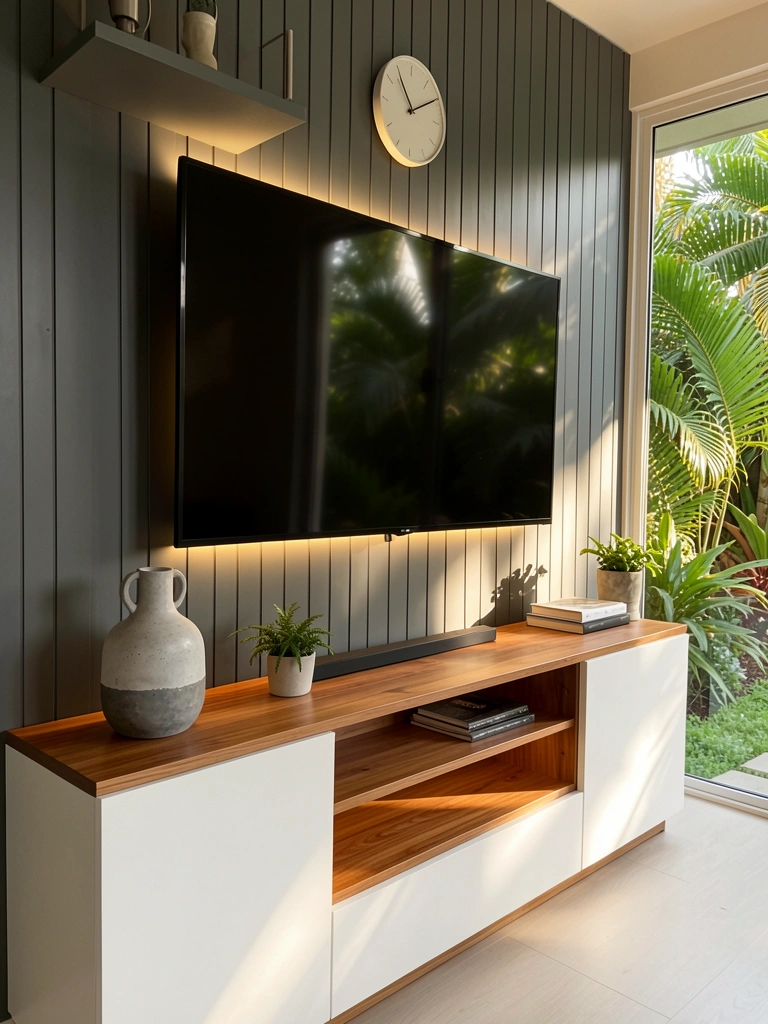 Console branco com insert de madeira, TV de 65 polegadas na parede, vaso cinza e concreto, planta e livros, iluminação LED quente e painel ripado escuro ao fundo.