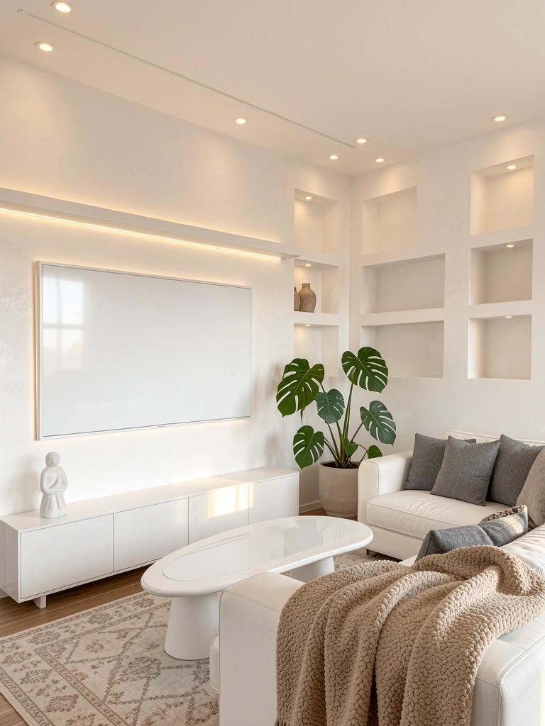 TV branca grande com luzes LED embutidas na parede, sofá cinza, console refletivo, vaso cerâmico e Monstera, iluminação natural.
