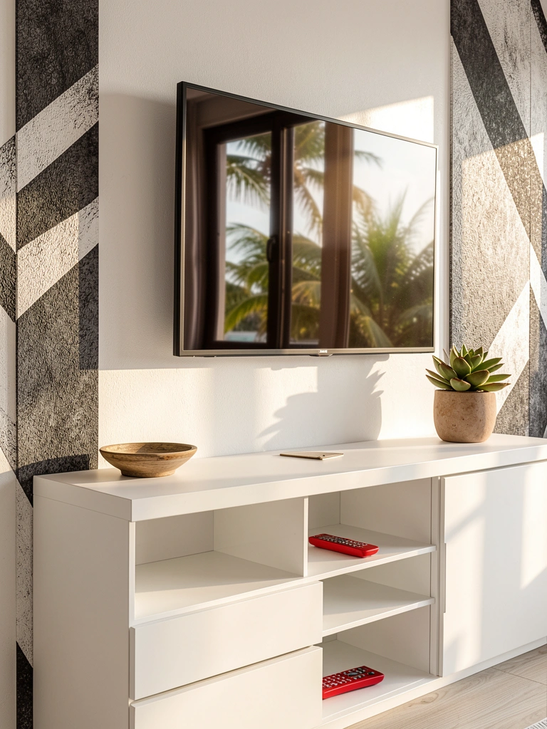 Luz natural incide sobre console branco com suculenta e bowl decorativo, TV reflete a sala, parede texturizada cinza e branca.