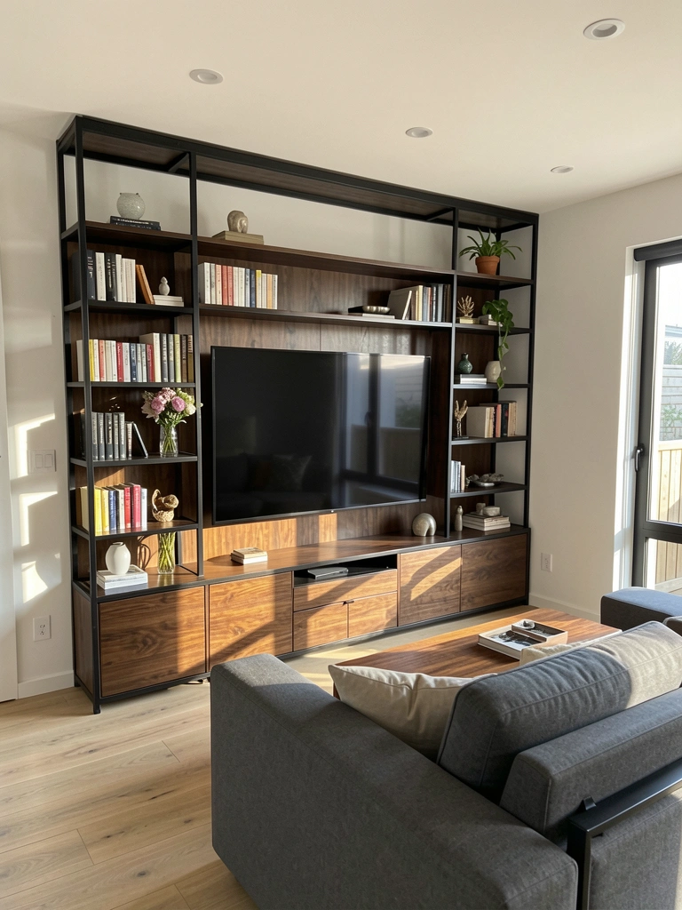 Televisão em móvel de madeira escura com livros e vaso de flores, sofá cinza e mesa de centro, luz do sol projetando sombras.
