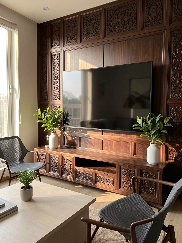 Luz natural incide sobre TV de 65 polegadas em painel de madeira escura esculpida, mesa de centro clara com planta e cadeira de malha cinza.