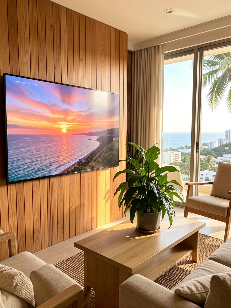 Televisão moderna exibindo pôr do sol sobre o oceano, montada em painel de madeira vertical, com vaso de planta verde sobre mesa de centro clara e sofá bege ao fundo.