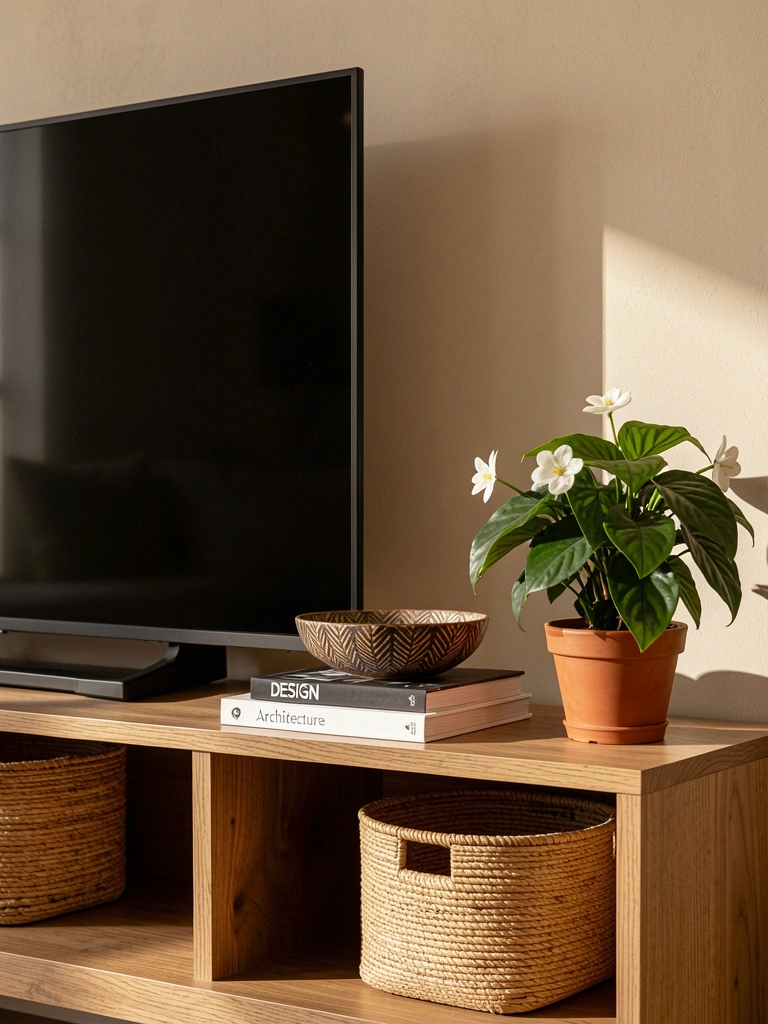 TV preta fina sobre console com base de madeira, livros de design empilhados, cesto trançado, vaso com planta verde e flores brancas, luz natural e parede bege.