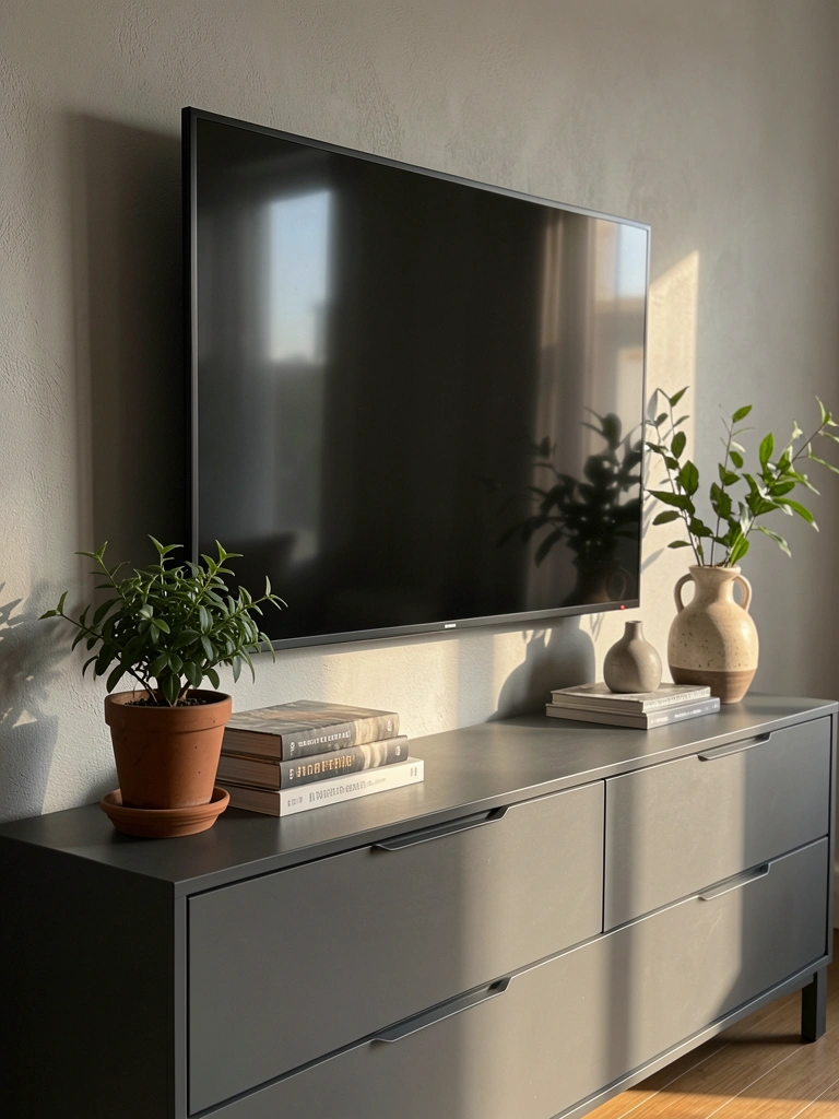 Prateleira de console cinza escuro com TV moderna, vaso cerâmico, pilha de livros e vaso de planta sob luz natural.