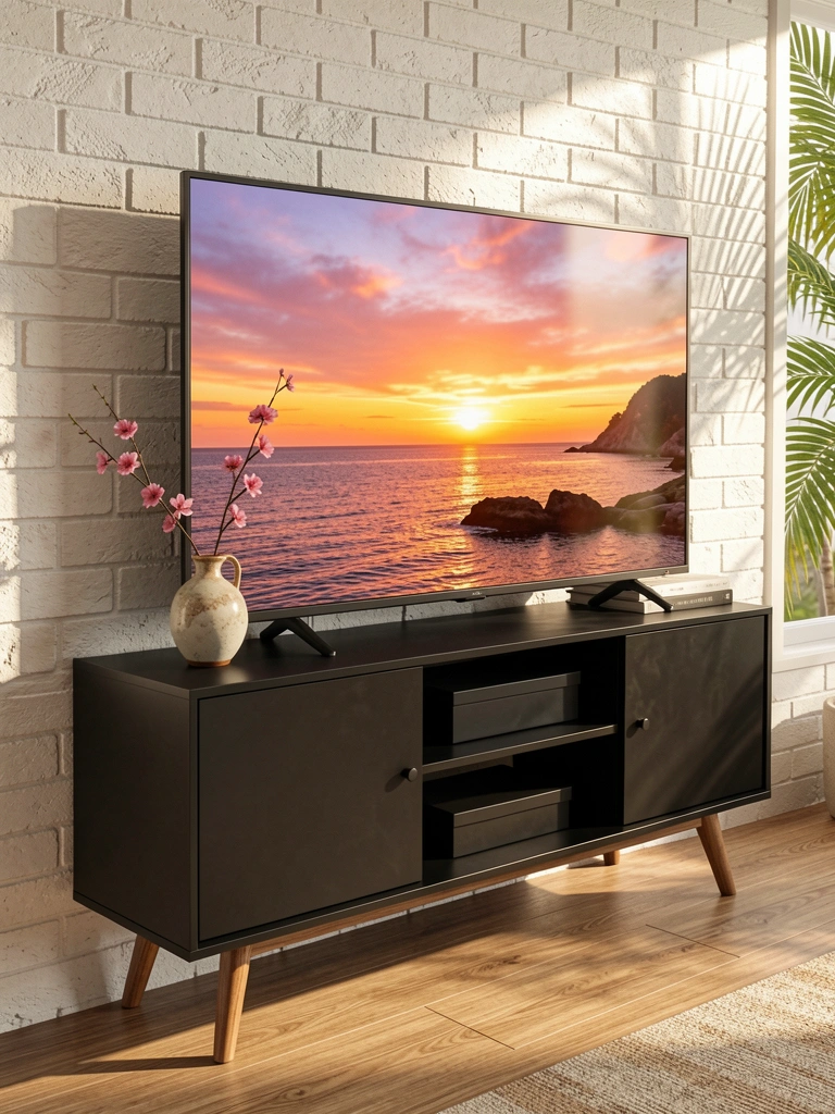 TV 65 polegadas exibindo pôr do sol sobre oceano, sobre aparador preto com pés de madeira cônicos, parede de tijolos brancos texturizada e vaso com ramo rosa na prateleira inferior.