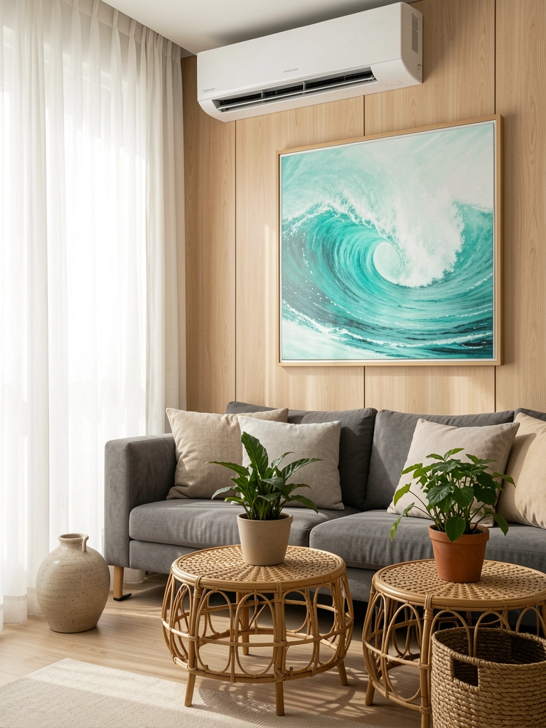 Parede de painéis de madeira clara com ar-condicionado branco, sofá cinza e mesas de centro redondas de vime com planta e vaso cerâmico texturizado no chão, luz natural difusa.