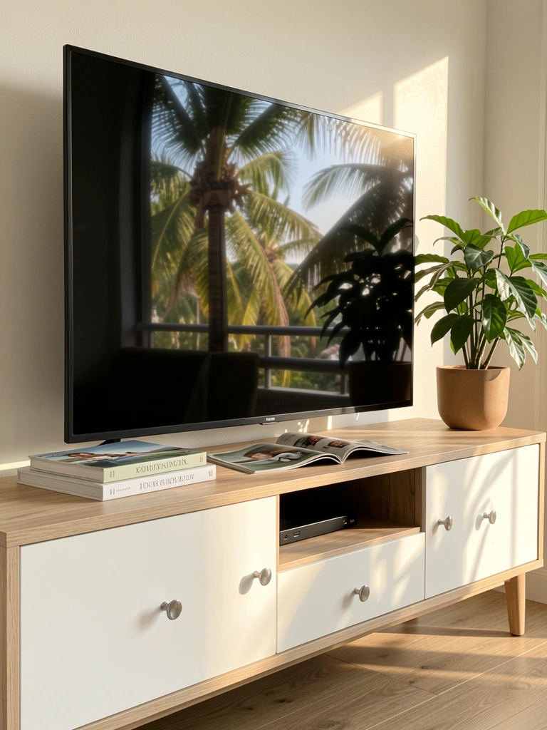 Móvel de madeira clara com gavetas prateadas, TV preta grande, livros empilhados e vaso de planta verde sob luz natural.
