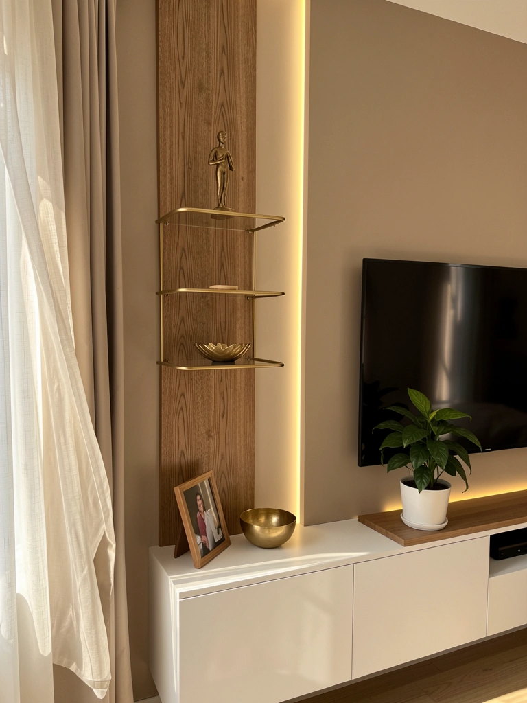 Luz natural incide sobre parede de MDF branca com prateleira dourada, TV grande e vaso de planta, madeira vertical ao lado.
