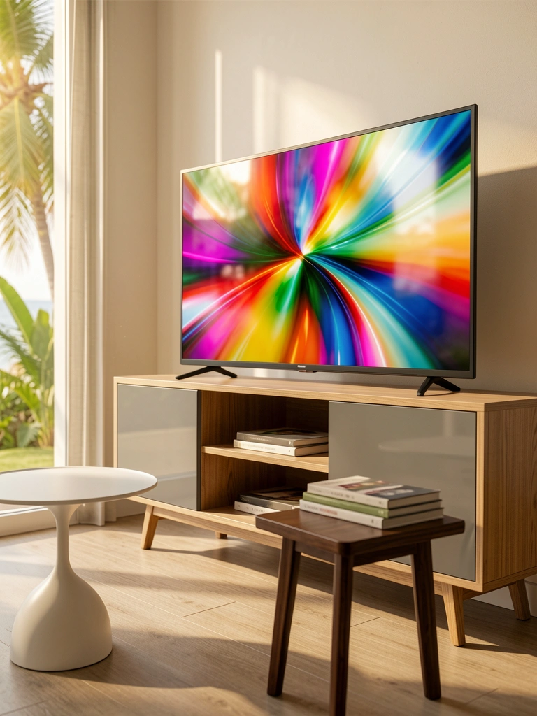 Prateleira de TV de madeira clara com TV curva multicolorida e mesa lateral branca minimalista, luz natural.