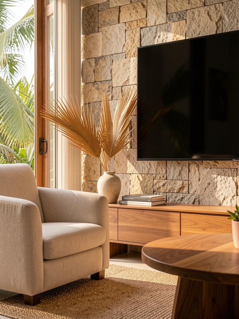 Pedra texturizada, TV preta grande, poltrona bege clara, console de madeira com livros e vaso de palmas secas, mesa redonda de madeira, tapete trançado, luz natural quente.