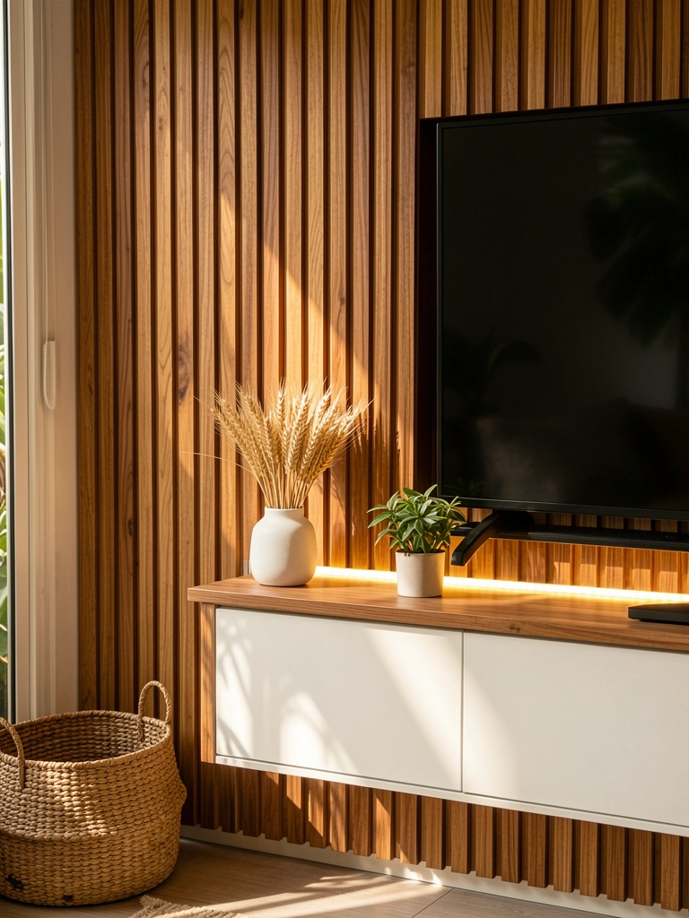 Parede de ripas de madeira com TV preta, gaveteiro branco, vaso com trigo e planta em vaso sob luz LED quente.