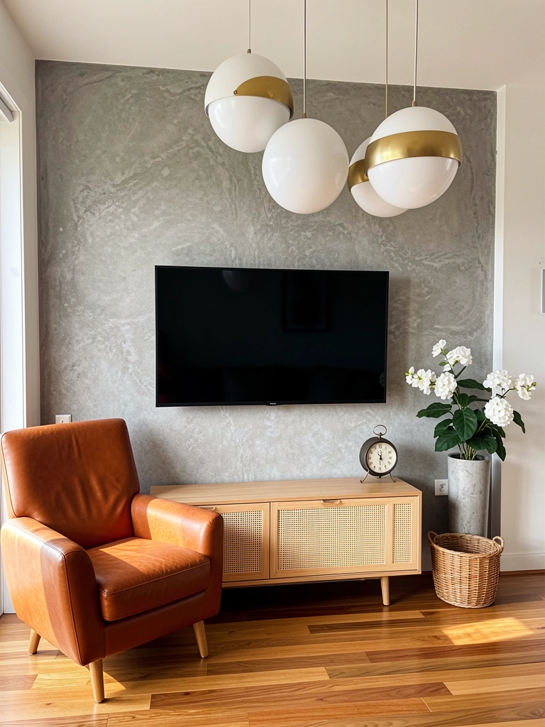 Pendentes esféricos brancos e dourados sobre TV preta em parede de concreto texturizada, console de madeira clara com gaveta de vime e poltrona de couro caramelo.