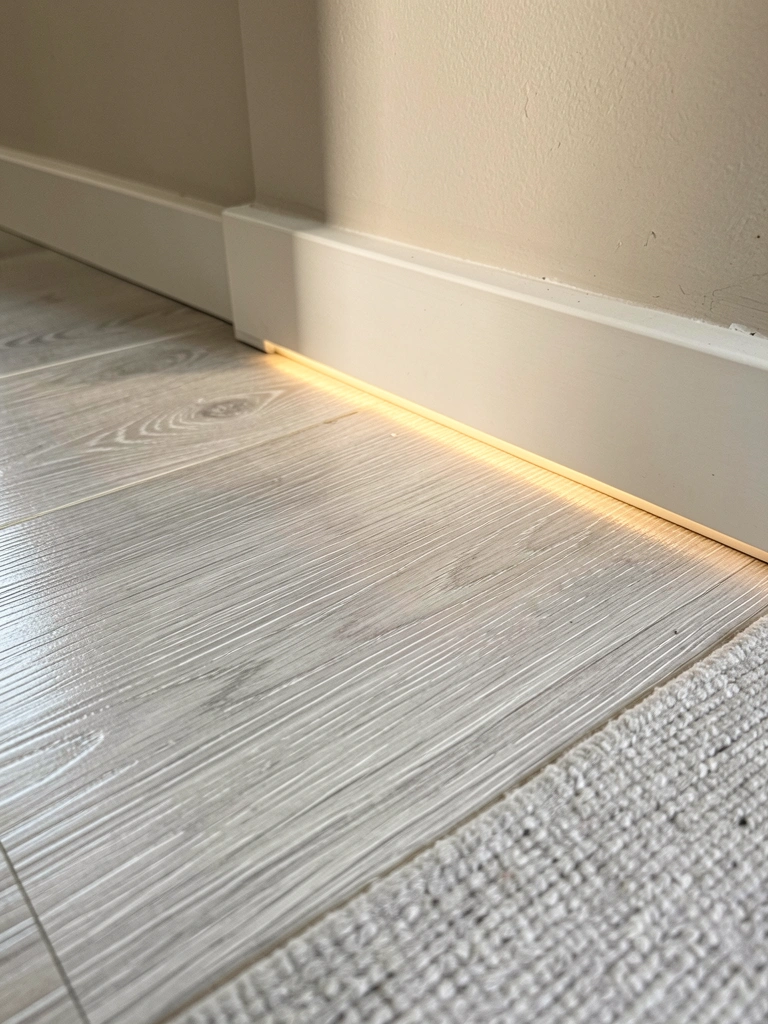 Piso laminado cinza claro com rodapé iluminado por LED e tapete de lã cinza claro, luz natural.