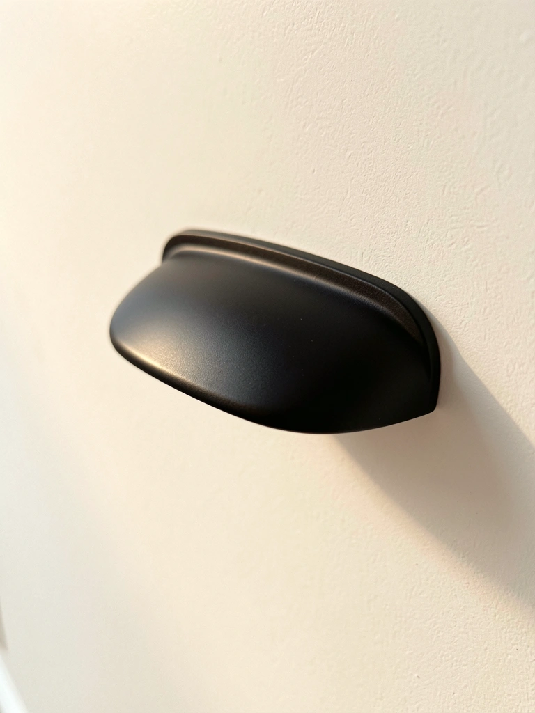 Puxador de gaveta preto fosco, curvilíneo e alongado, com leve brilho metálico sob luz natural, fundo branco desfocado.