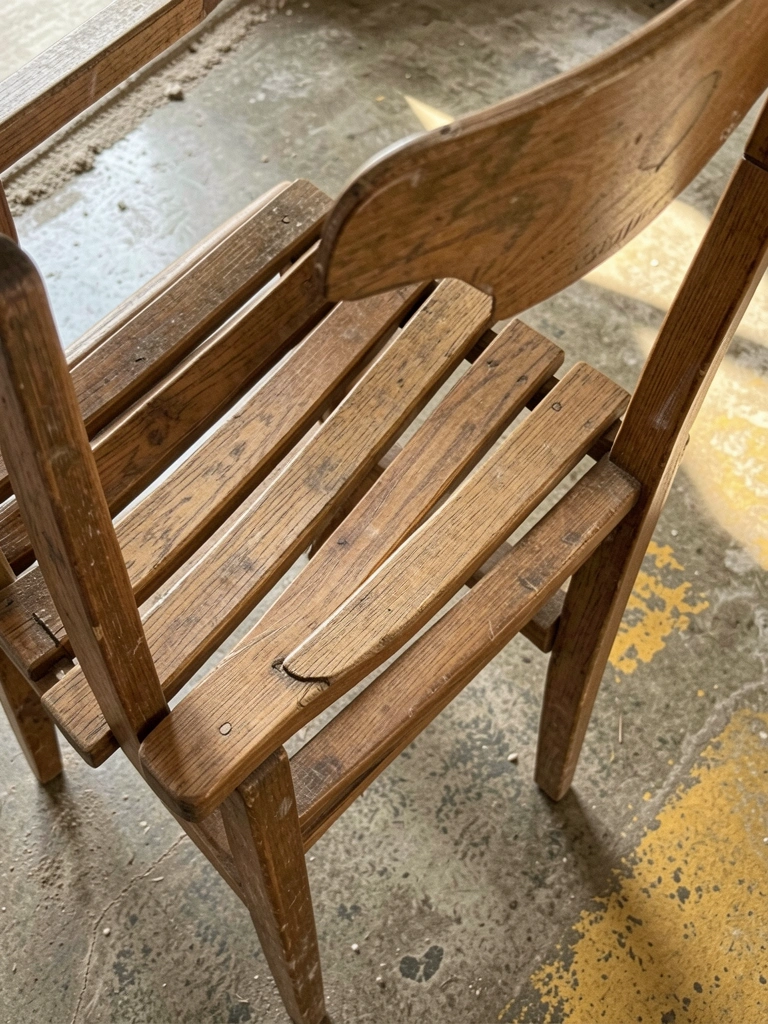Cadeira de madeira com encosto invertido e desgastado em piso de concreto polido, com poeira acumulada nas bordas, luz natural suave e paleta de marrons e cinzas.