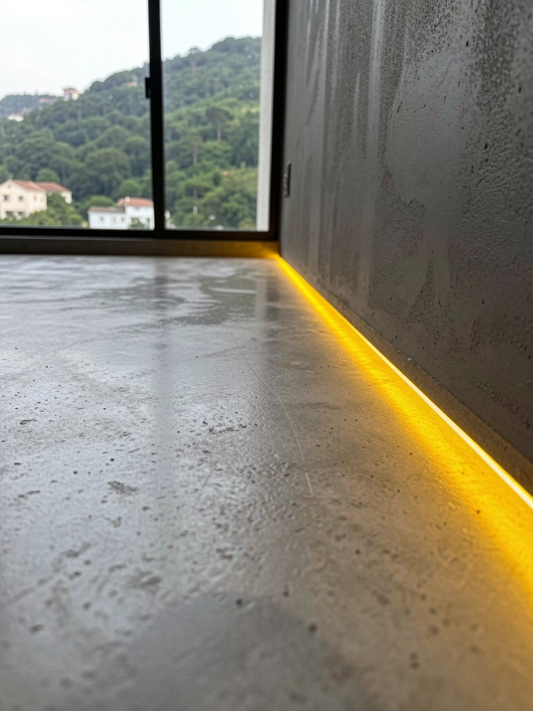 Piso de concreto polido com fita de LED amarela no rodapé invertido, janela com vista para colina verde e parede cinza escura texturizada.