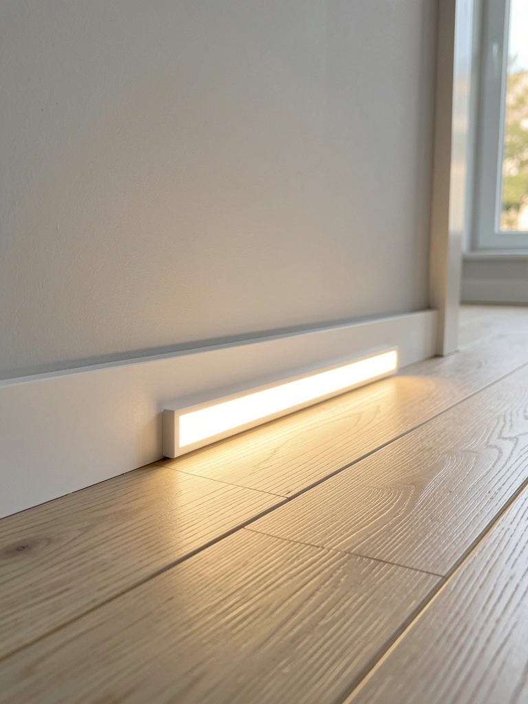 Fita de LED branca quente ilumina a base de uma parede cinza fosca, criando sombra invertida no piso de madeira clara com veios visíveis.