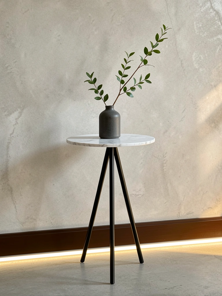 Mesa lateral com tampo de mármore branco e base preta fina, parede de concreto cinza-claro texturizada, vaso escuro com ramo verde, luz natural quente e fita LED no chão.