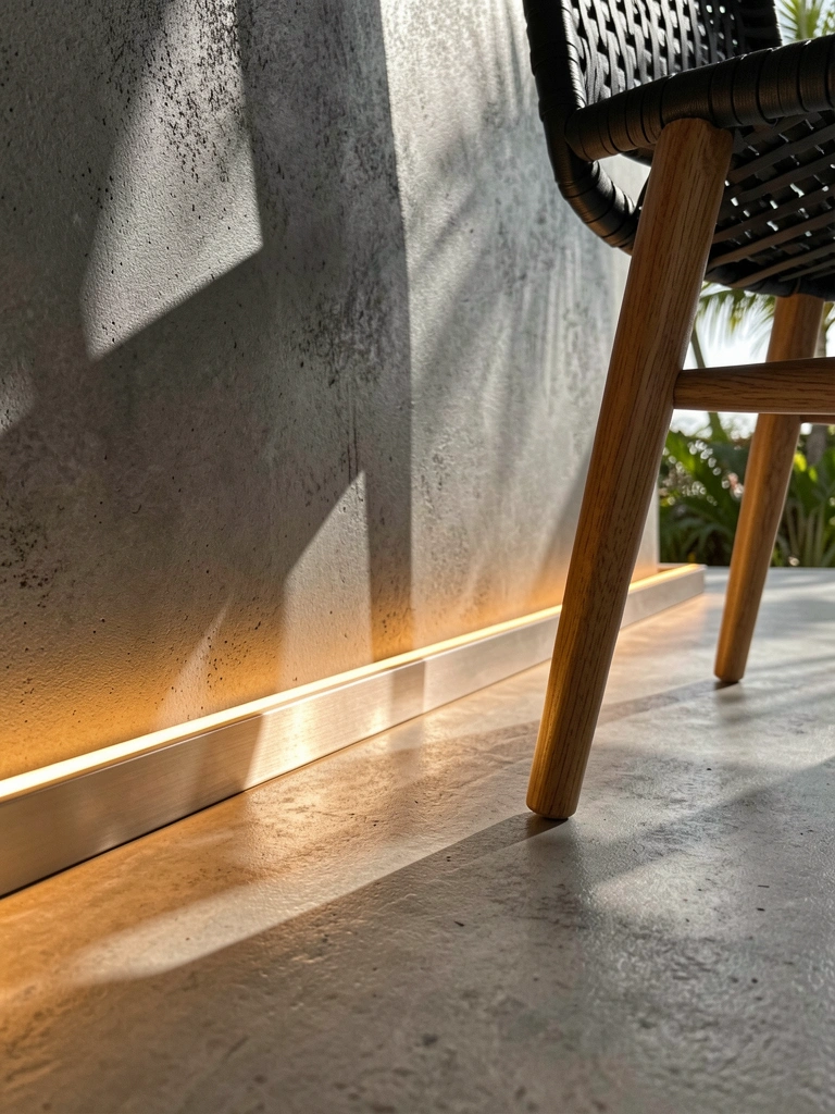 Parede de concreto escuro texturizado com perna de cadeira de madeira e assento trançado preto encostado, faixa de alumínio iluminada na base e luz natural projetando sombras no chão.