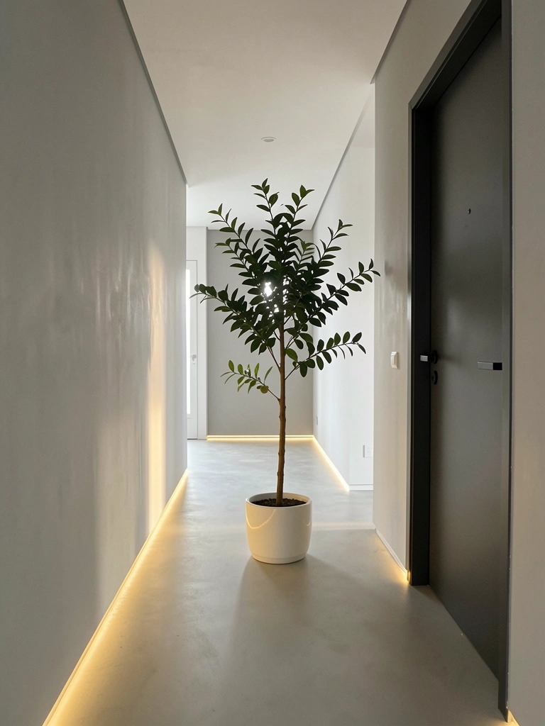 LED strip iluminando rodapé invertido em hall minimalista com porta escura e ficus em vaso branco.