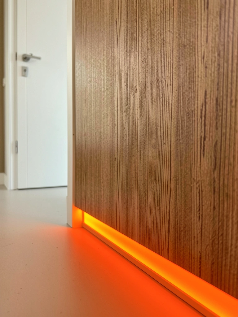 Painel de madeira com faixa de luz neon laranja rente ao chão, porta branca com puxador minimalista ao fundo, piso claro e luz natural indireta.