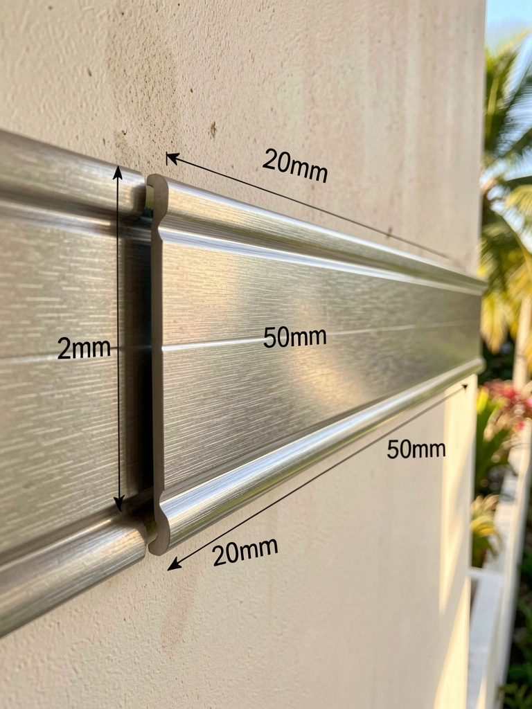 Ripas metálicas escovadas instaladas na parede clara, com gap para fita de LED e medidas 20mm e 50mm visíveis, luz natural destacando a textura dos grooves.