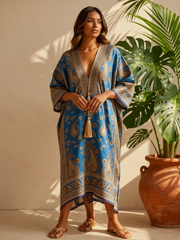 Mulher com kaftan azul e dourado de estampa paisley, detalhes em franja, sandálias douradas, vaso de terracota com folhagem verde ao fundo, luz natural filtrada.