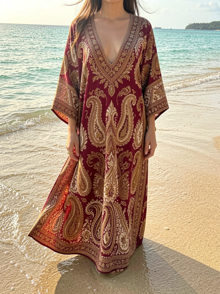 Mulher com kaftan estampado em paisley marrom, ouro e creme em pé na areia molhada, água turquesa ao fundo, luz natural do dia.