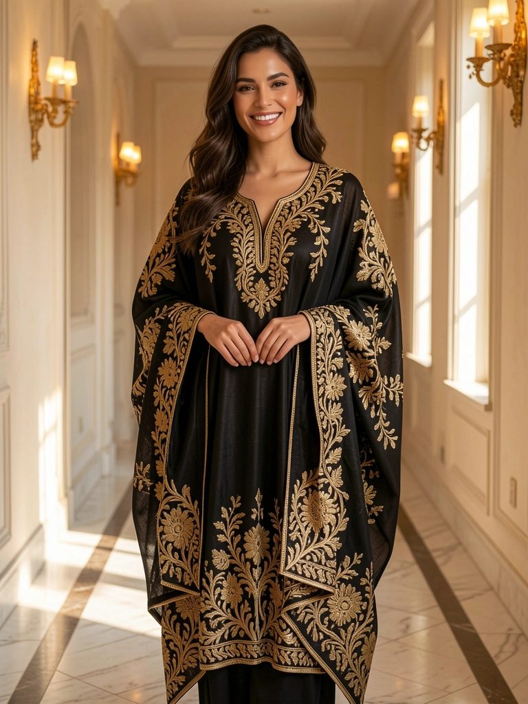 Kaftan preta de malha com bordado dourado em mangas e decote, mulher sorrindo em corredor com piso de mármore e arandelas douradas, luz natural destacando o tecido.
