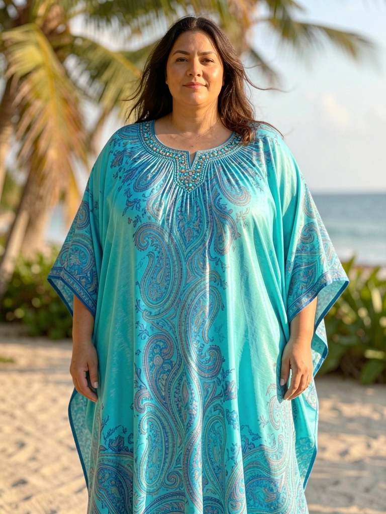 Kaftan azul turquesa com padrão paisley e colar de contas, mulher plus size ao ar livre, luz natural e fundo desfocado.