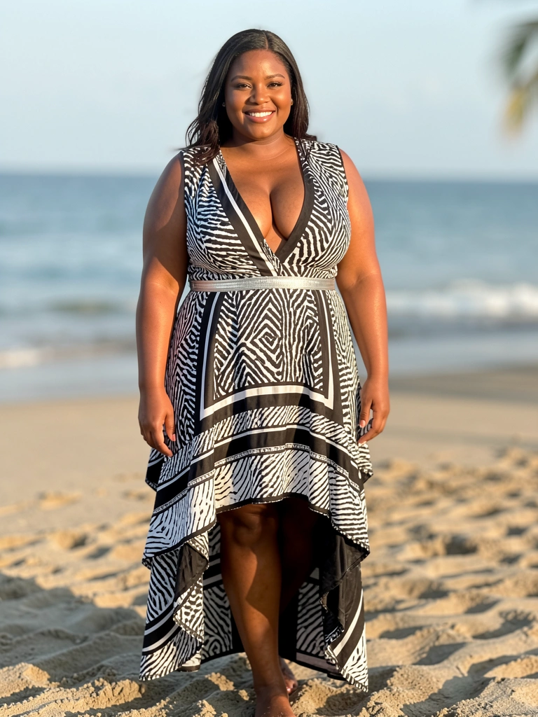 Mulher plus size em vestido preto e branco com estampa animal e decote V, sorrindo em praia ao entardecer, mar tropical ao fundo.