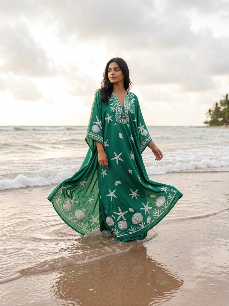 Mulher de cabelo escuro em pé na areia molhada, kaftan verde-esmeralda com bordados de estrelas-do-mar e conchas, ondas refletindo luz suave, céu nublado.
