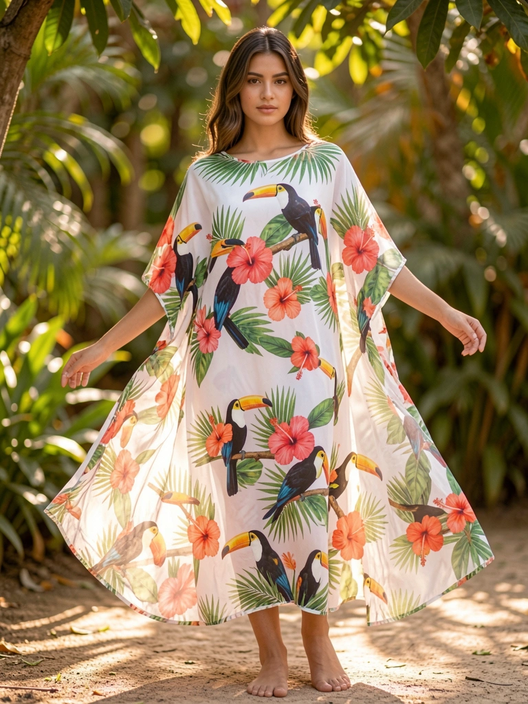 Mulher de caftã branco com estampa de tucanos e hibiscos, tecido translúcido ao sol, folhagem tropical desfocada ao fundo.
