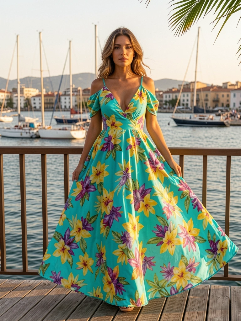 Mulher em vestido floral turquesa e amarelo com decote ombro a ombro em deck de madeira, veleiros e cidade ao fundo na luz dourada.
