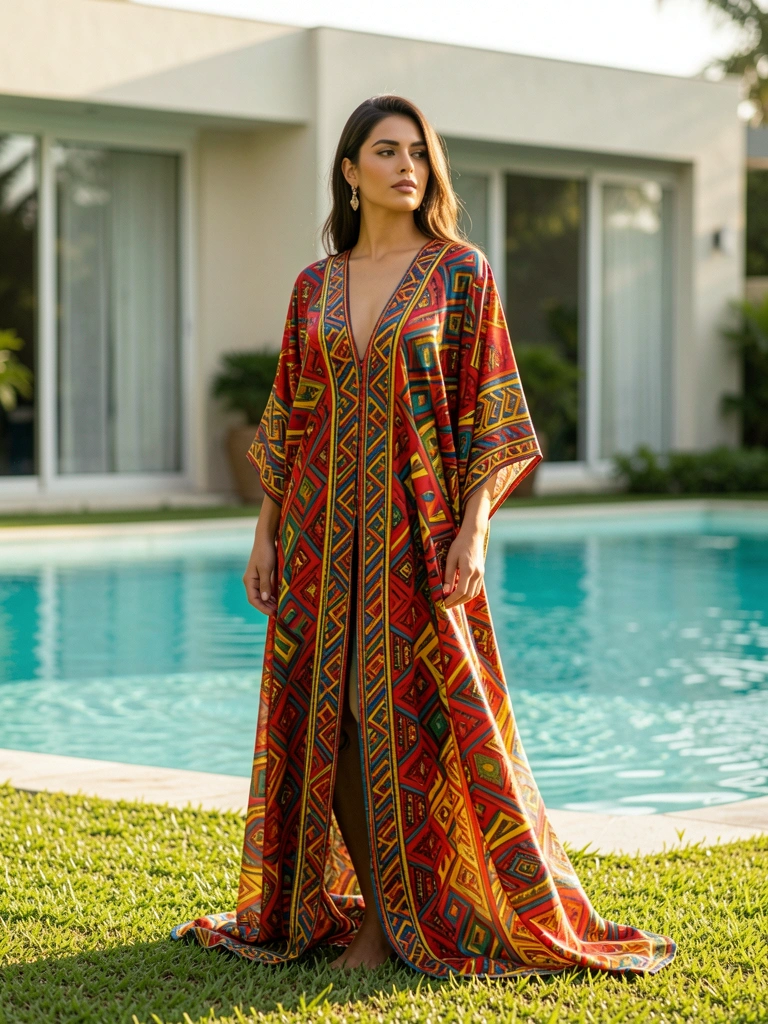 Mulher em kaftan de seda com padrões geométricos vermelhos, azuis e amarelos, piscina turquesa e gramado verde ao fundo, luz natural.