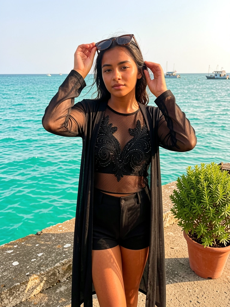Mulher de cardigã preto rendado e top de mesh com bordados em pé em píer de concreto, mar turquesa ao fundo, vaso de planta à direita.