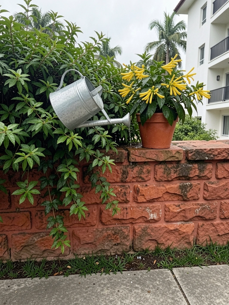 Regador despejando água sobre vaso de russelia amarela