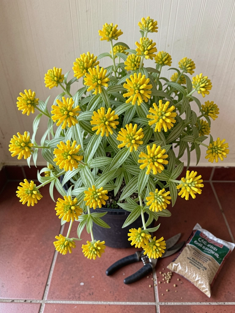 Tesoura de poda e adubo granulado ao lado de vaso com russelia amarela florida