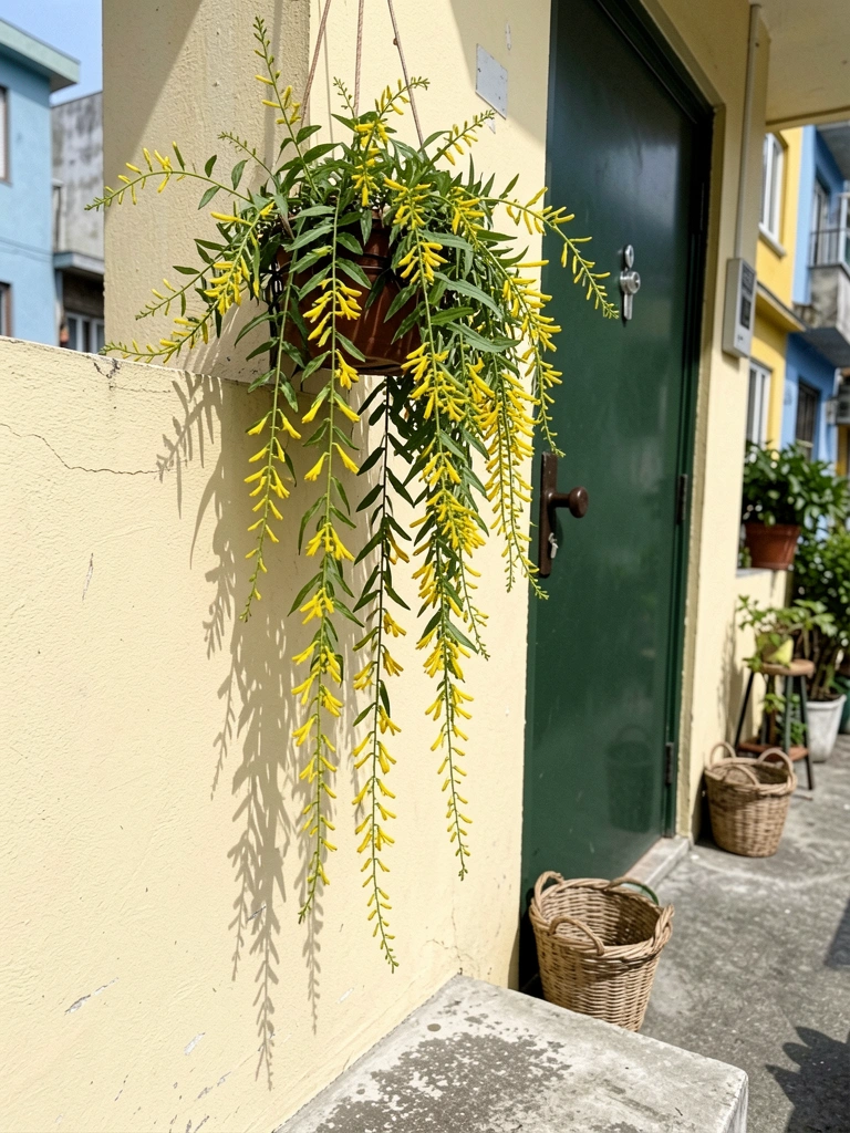 Vaso suspenso com russelia amarela em varanda cercada por cestos e outras plantas